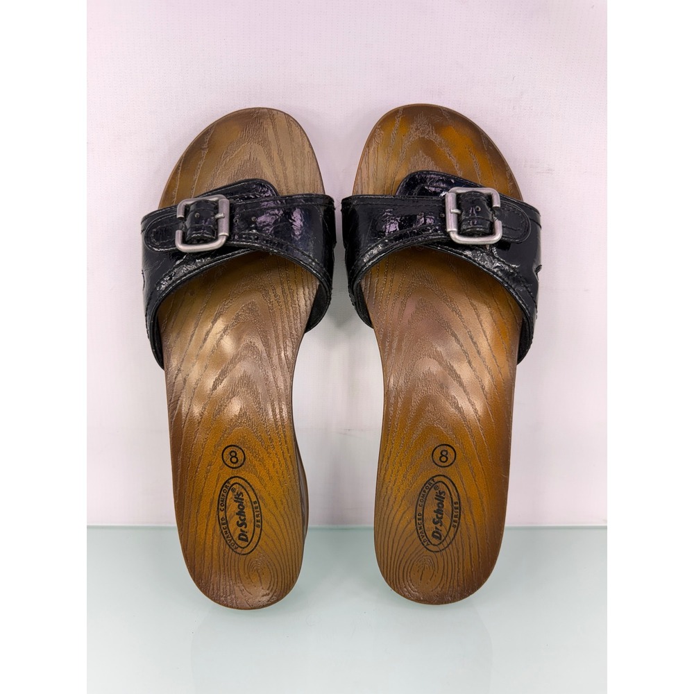 Dr. Scholl's Original Collection Black Patent Slide Sandals 8 Wood Footbed Y2K - Picture 3 of 10